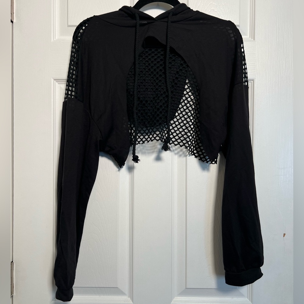 Fishnet Pullover Crop Top Hoodie